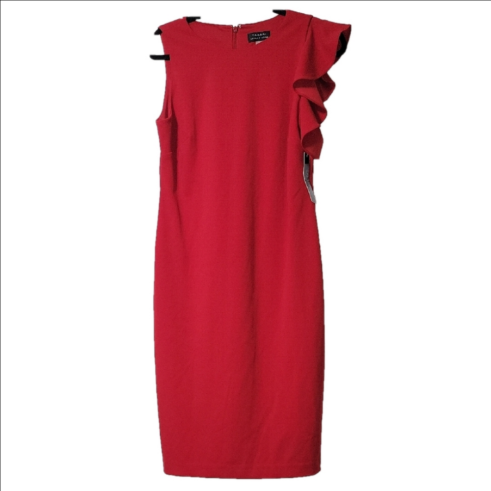 Tahari Red Ruffled One Shoulder Sheath Dress